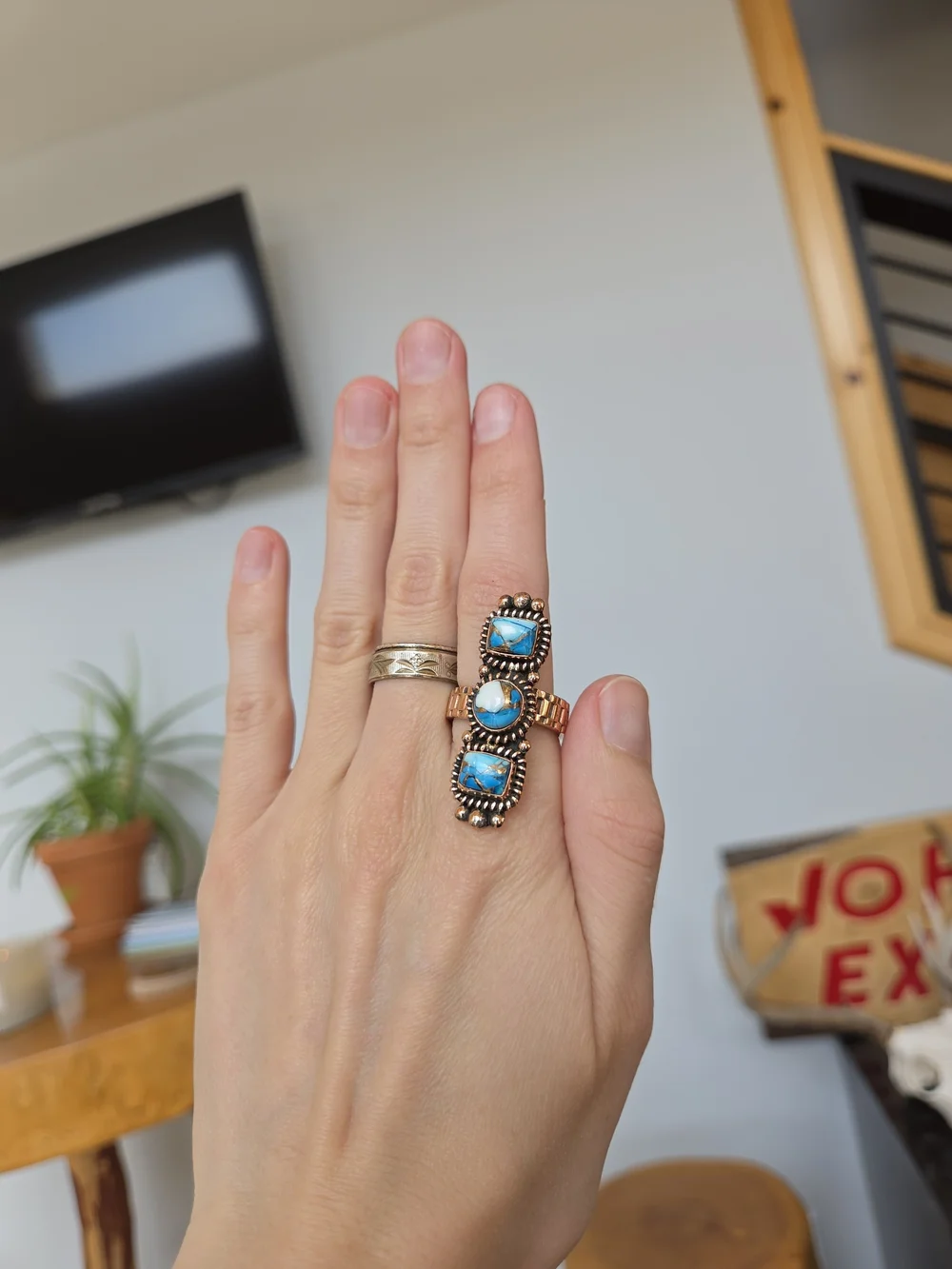 Triple Blue Dahlia Turquoise Copper Ring 57
